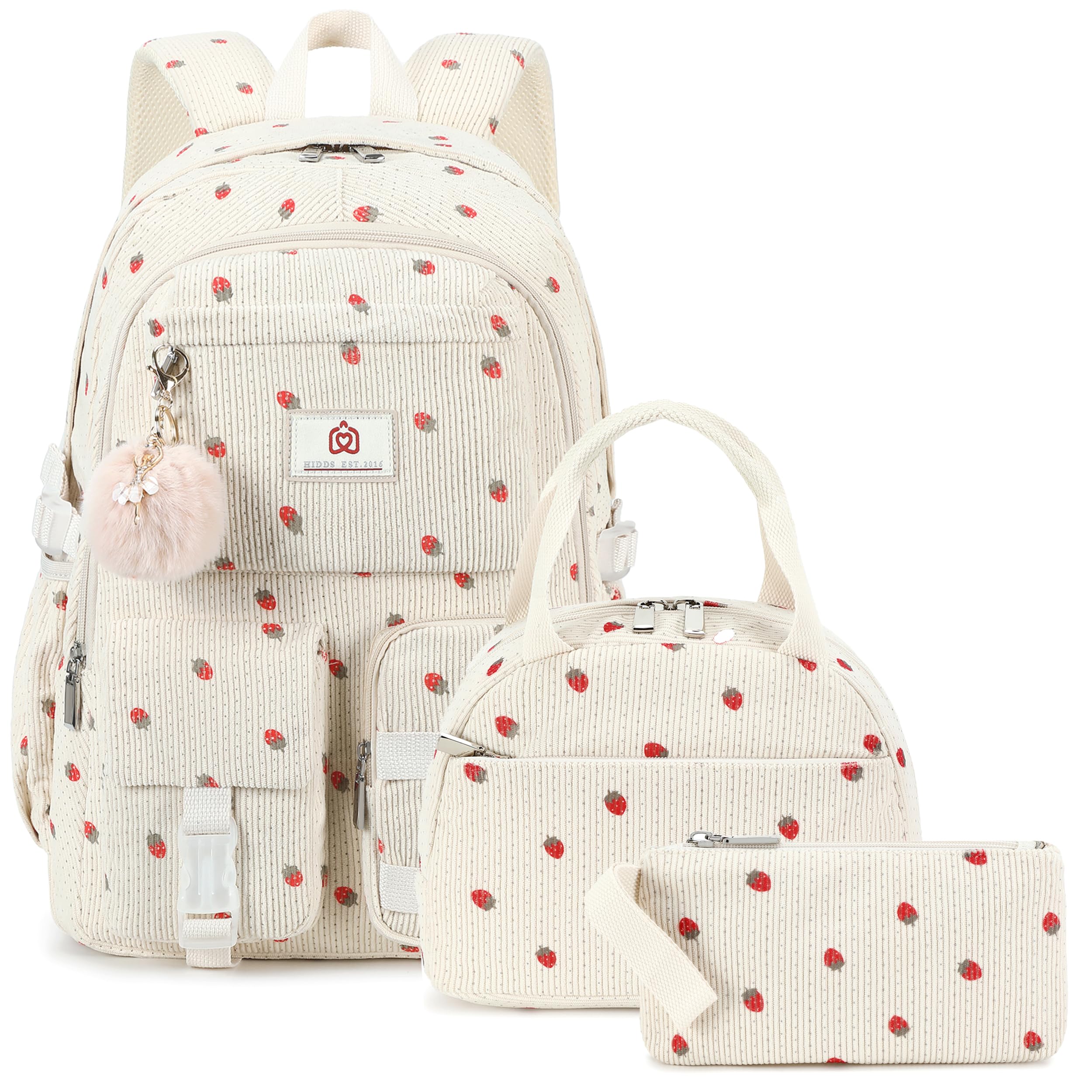 Photo 1 of School Backpack with Lunchbox for Teens Girls Women 15.6 Inch Laptop College Backpacks with Lunch Bag Bookbag Set Corduroy Kids Elementary Middle High Bags Students Daypack - Beige Strawberry Set