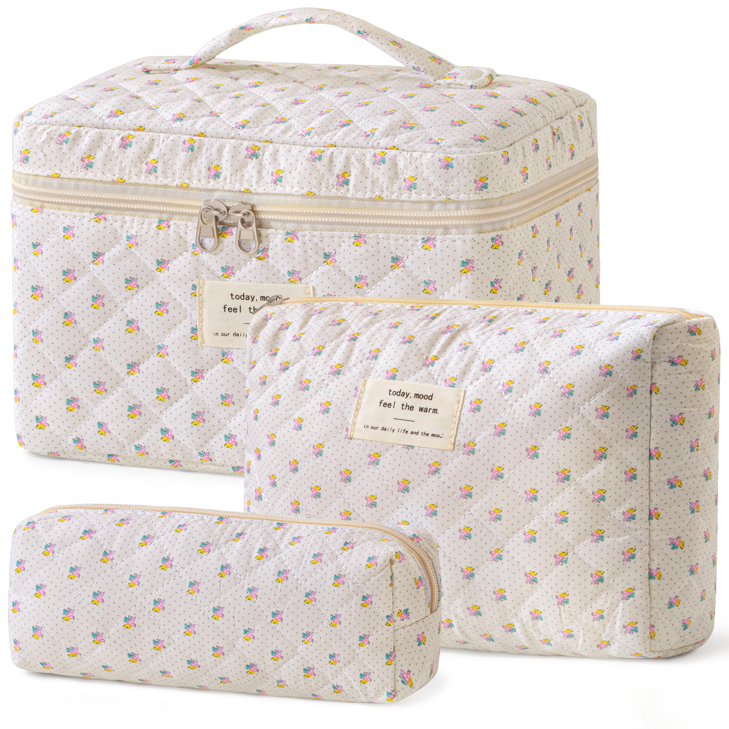 Photo 1 of HBselect Quilted Makeup Bag, 3PCS Cotton Large Travel Makeup Bag, Cute Floral Coquette Make up Bag Cosmetic Bag Toiletry Bag for Women Girls