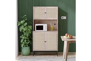 Yechen Storage Cabinet with Natural Handmade Rattan Wicker Doors, Freestanding Sideboard with Large Countertop, Kitchen Buffet,Oak
