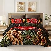 Tyrot 3 Piece Black Red Boho Floral Quilt Sets King Size Farmhouse Reversible Lightweight Bedspread Coverlet with 2 Shams Vintage Mid Century Microfiber Bedding Quilts Set for All Season, 106''x96''