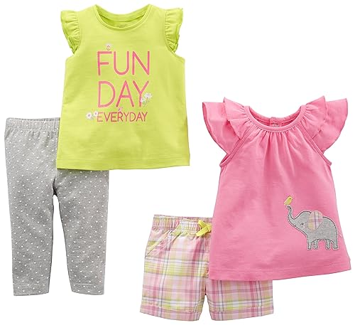 Simple Joys by Carter's Baby Girls' 4-Piece Playwear Set, Grey Dots/Lime Green Text Print/Pink Elephant/Plaid, 3-6 Months