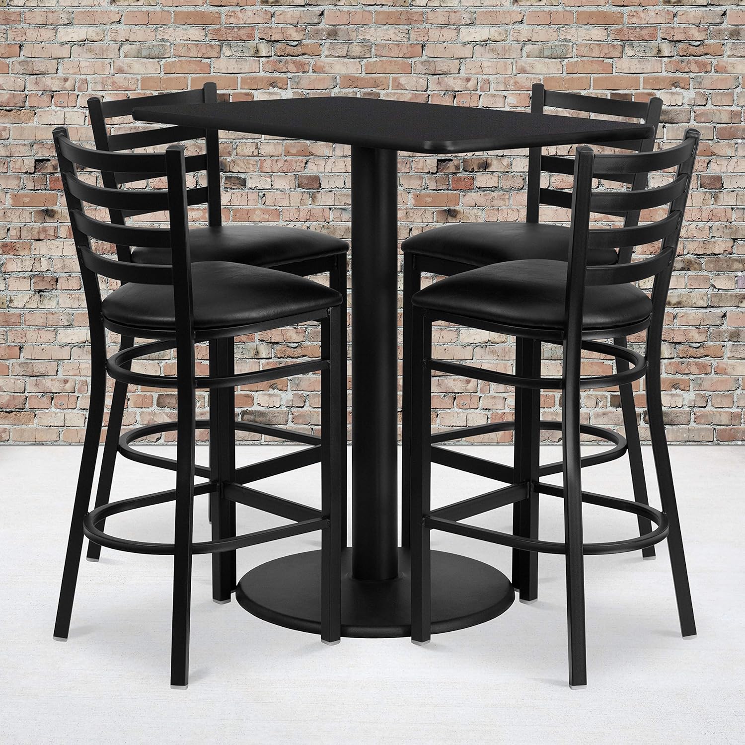 Flash Furniture 24'' x 42'' Rectangular Black Laminate Table Set with 4 Ladder Back Metal Barstools - Black Vinyl Seat