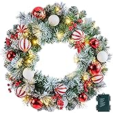 Pre-Lit Artificial Christmas Wreath 24Inch, Christmas Door Decorations Wreath with 50LED Warm Lights, Christmas Balls, Pine Needles, and Red Berries for Front Door Wall Windows X-mas Ornament