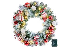 MINETOM Pre-Lit Artificial Christmas Wreath 24Inch, Christmas Door Decorations Wreath with 50LED Warm Lights, Christmas Balls, Pine Needles, and Red Berries for Front Door Wall Windows X-mas Ornament
