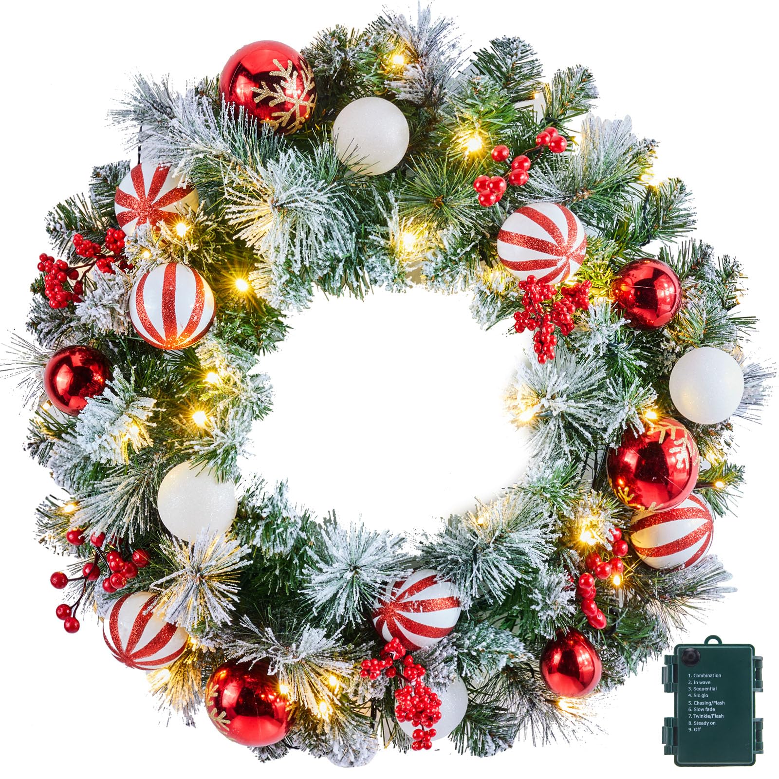 View 1 of **ONLY THE LIGHTS**Pre-Lit Artificial Christmas Wreath 24Inch, Christmas Door Decorations Wreath with 50LED Warm Lights, Christmas Balls, Pine Needles, and Red Berries for Front Door Wall Windows X-mas Ornament