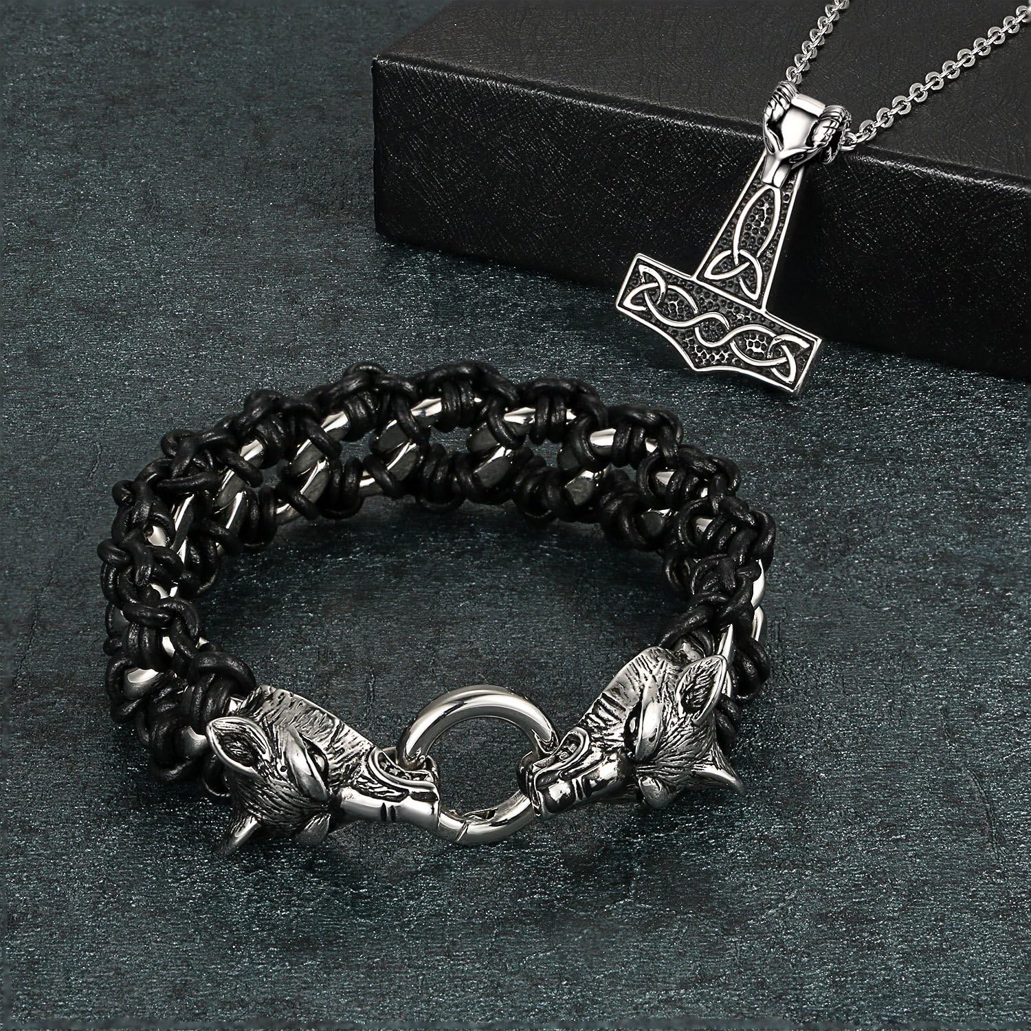 Aroncent Biker Punk Rock Stainless Steel Necklace Braided Leather Rope Bracelet with Wolf 2 Pcs Set - Image 3