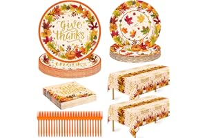 QZYL 122 PCS Thanksgiving Dinnerware Set, Disposable Paper Plates and Napkins, Maple Leaves Dinner Plates Dessert Tray Napkins Fork and Fall Tablecloths, Thanskgiving Table Decor Fall Party Supplies