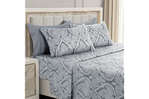 LDC LUX DECOR COLLECTION LDC Paisley Queen Sheet Set, 6 PC Soft Microfiber Wrinkle Free Sheets - Luxurious Printed Bed Sheets Includes Flat Sheet, Fitted Sheet with Deep Pockets, & 4 Pillowcases - Grey