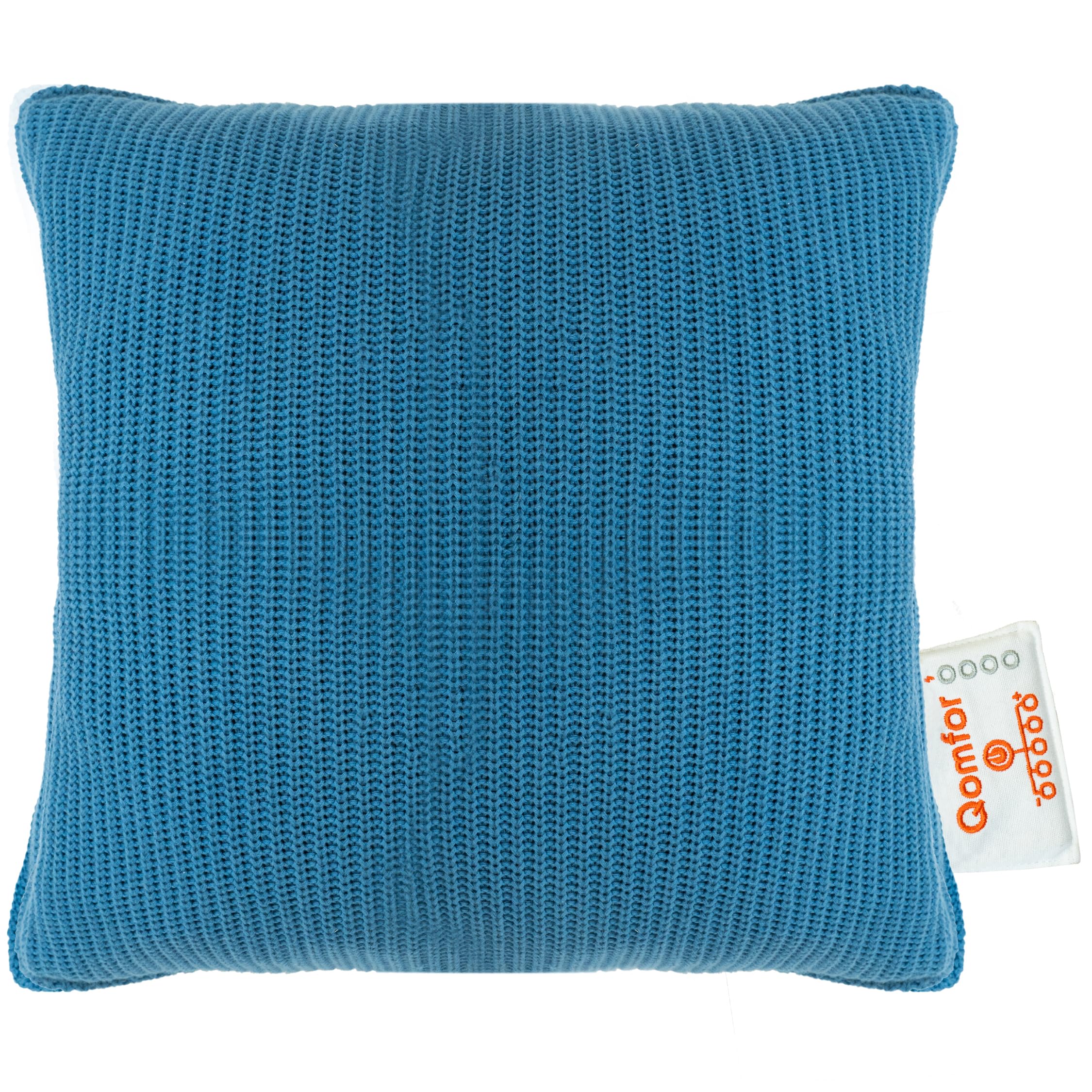 Qomfor Wärmekissen | 5 Wärmestufen & Batteriestandsanzeige | Wärmekissen Kabellos mit gemütlich gestricktem Bezug & Magnetischem Ladekabel | Tragbar & Waschbar | Beheizbares Kissen (Blau - 42x42cm)
