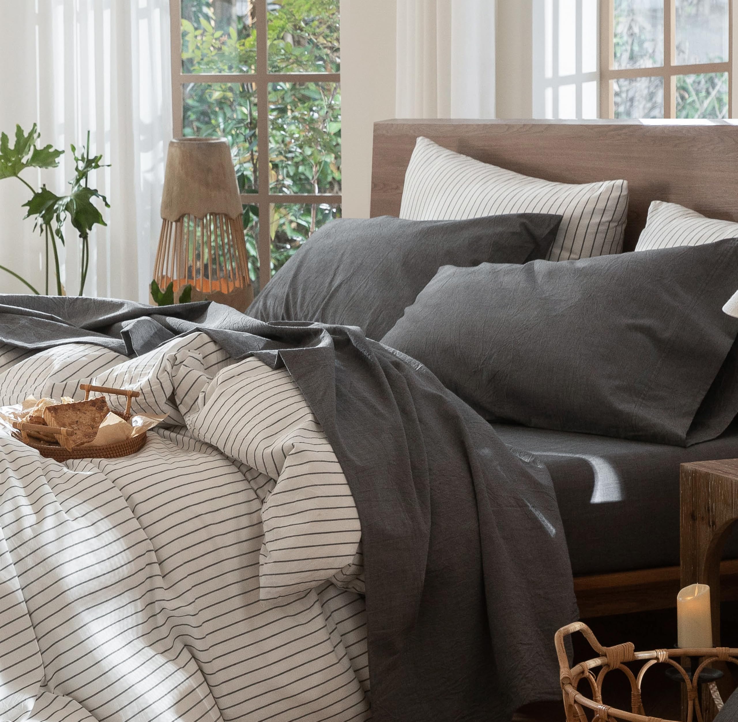 Photo 1 of MooMee Bedding Sheet Set 100% Washed Cotton Linen Like Textured Breathable Durable Soft Comfy (Heathered Dark Grey, California King)