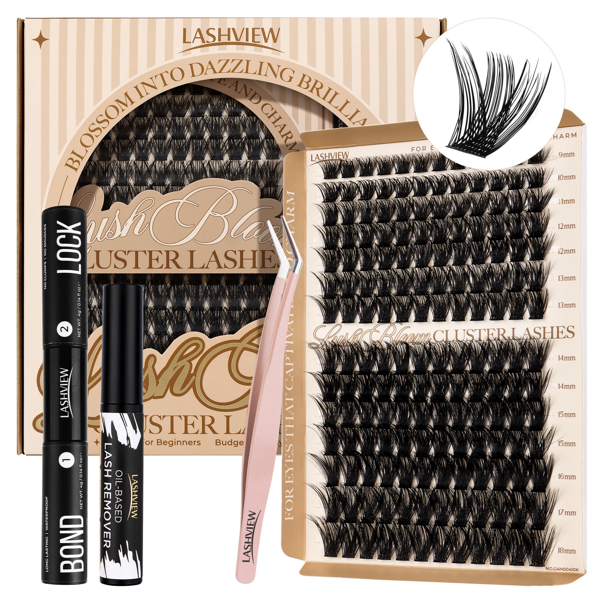 LASHVIEW Cluster Lashes Kit, 9-18/D Curl Lashes Individual Cluster Kit, Fluffy Eyelash Extension Kit with Lash Bond & Seal, Lash Remover Applicator Easy to Use for Beginners(Kit-56D)