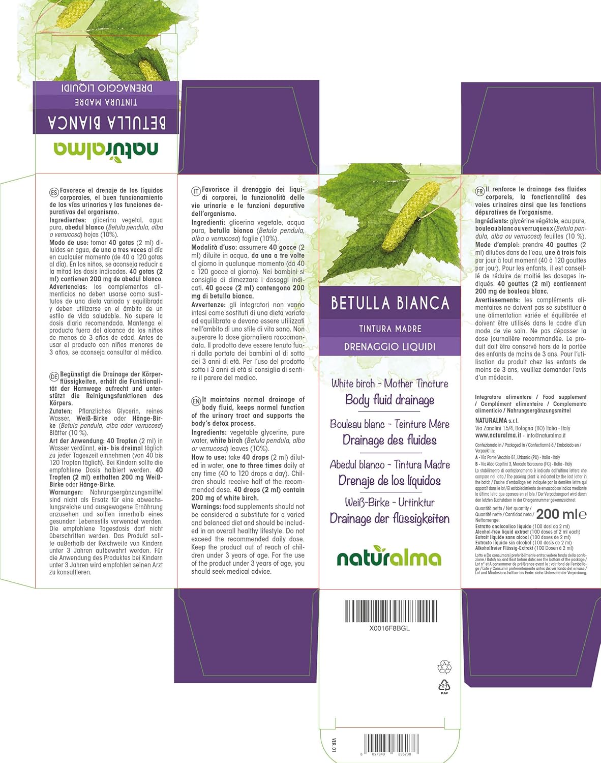 White Birch (Betula pendula, alba or verrucosa) Leaves Alcohol-Free Mother Tincture Naturalma, Liquid Extract Drops 200 ml - Image 3