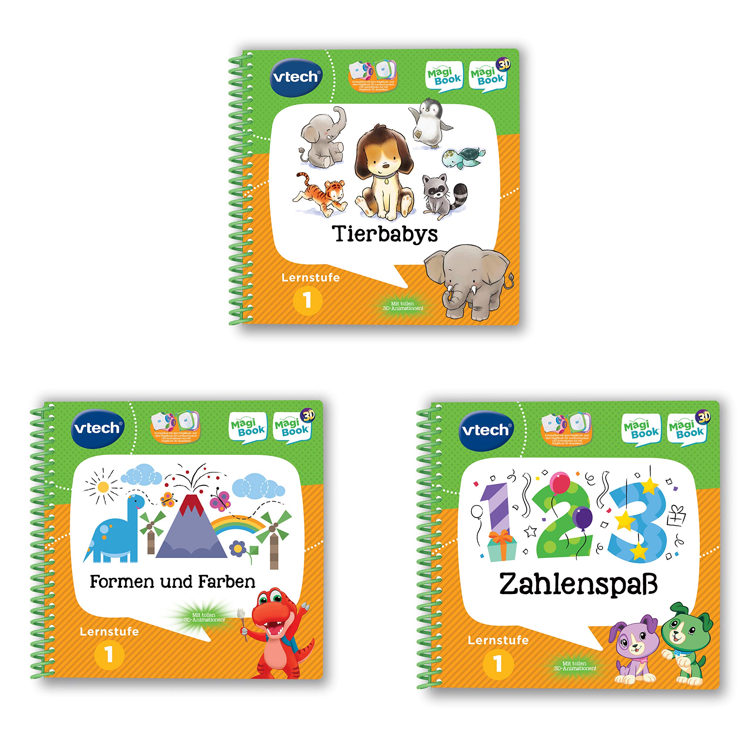 Vtech 80-488904 MagiBook Learning Book Bundle: 3 Books of Level 1 (Animal Babies 3D, Shapes and Colours 3D, Number Fun 3D), Educational Book, Multi-Coloured
