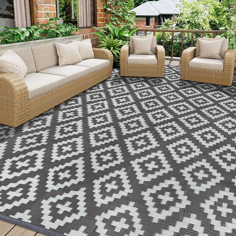 Homcomodar Large Outdoor Rug 270x365cm Grey Waterproof Reversible Patio