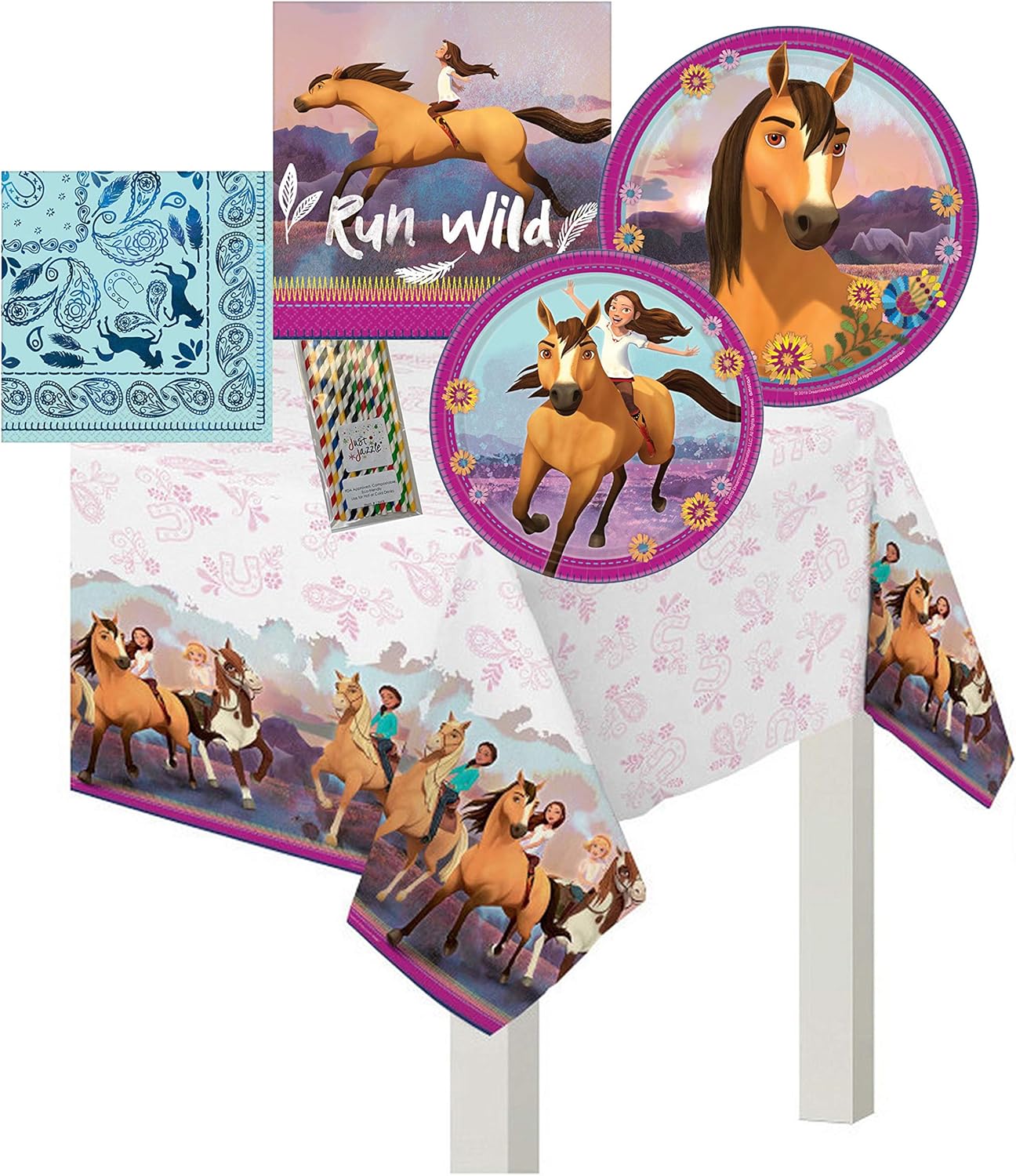 16 Guests Plates Tablecover Bundle Amscan Spirit Riding Free Horse Birthday Party Tableware Kit Napkins Toys Games Party Supplies Interven Group