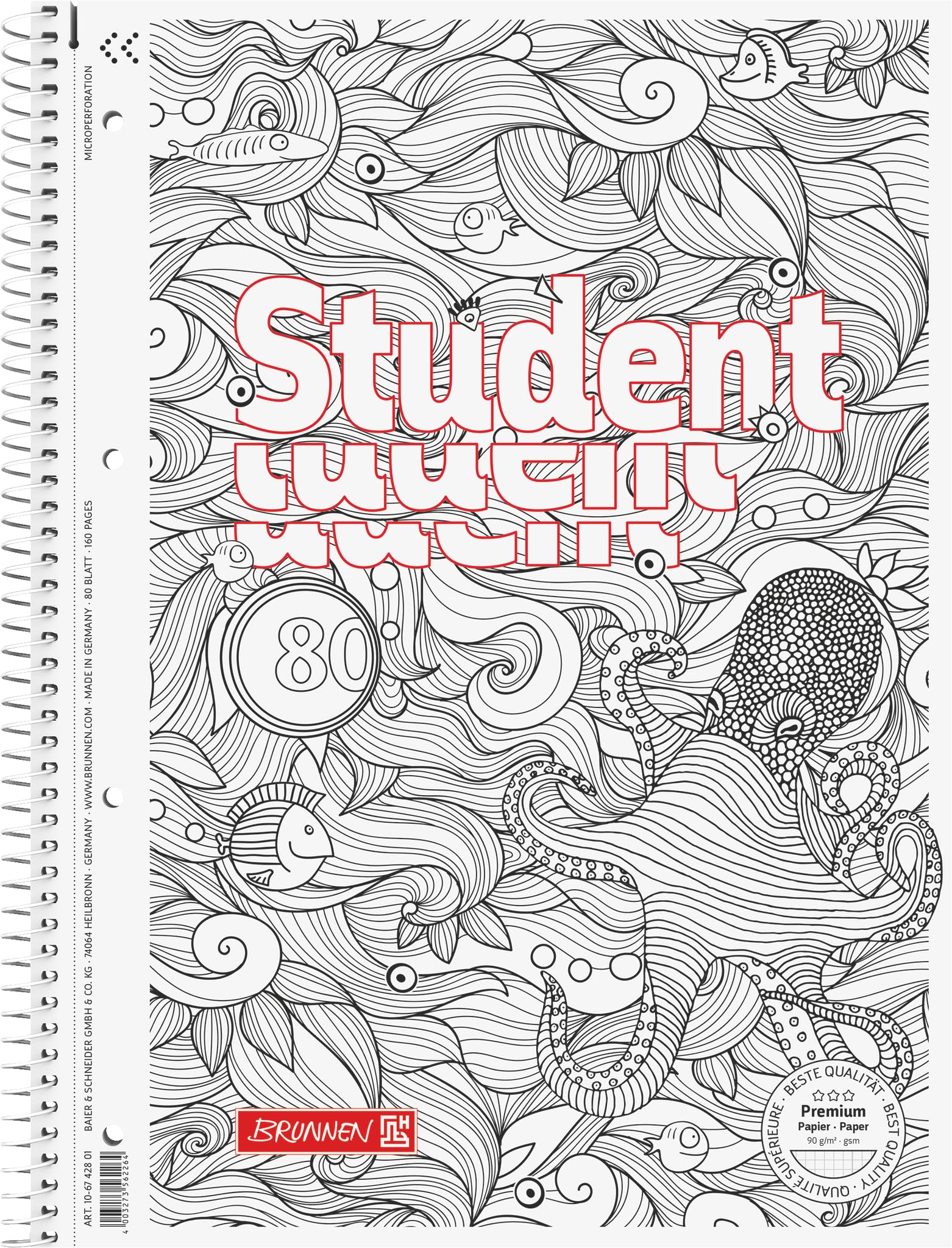 Brunnen 106742801 Colour Code Notebook/Notepad, Student, Octopus Motif Square A4, 28 Lines, 90g/m², 80 Pages