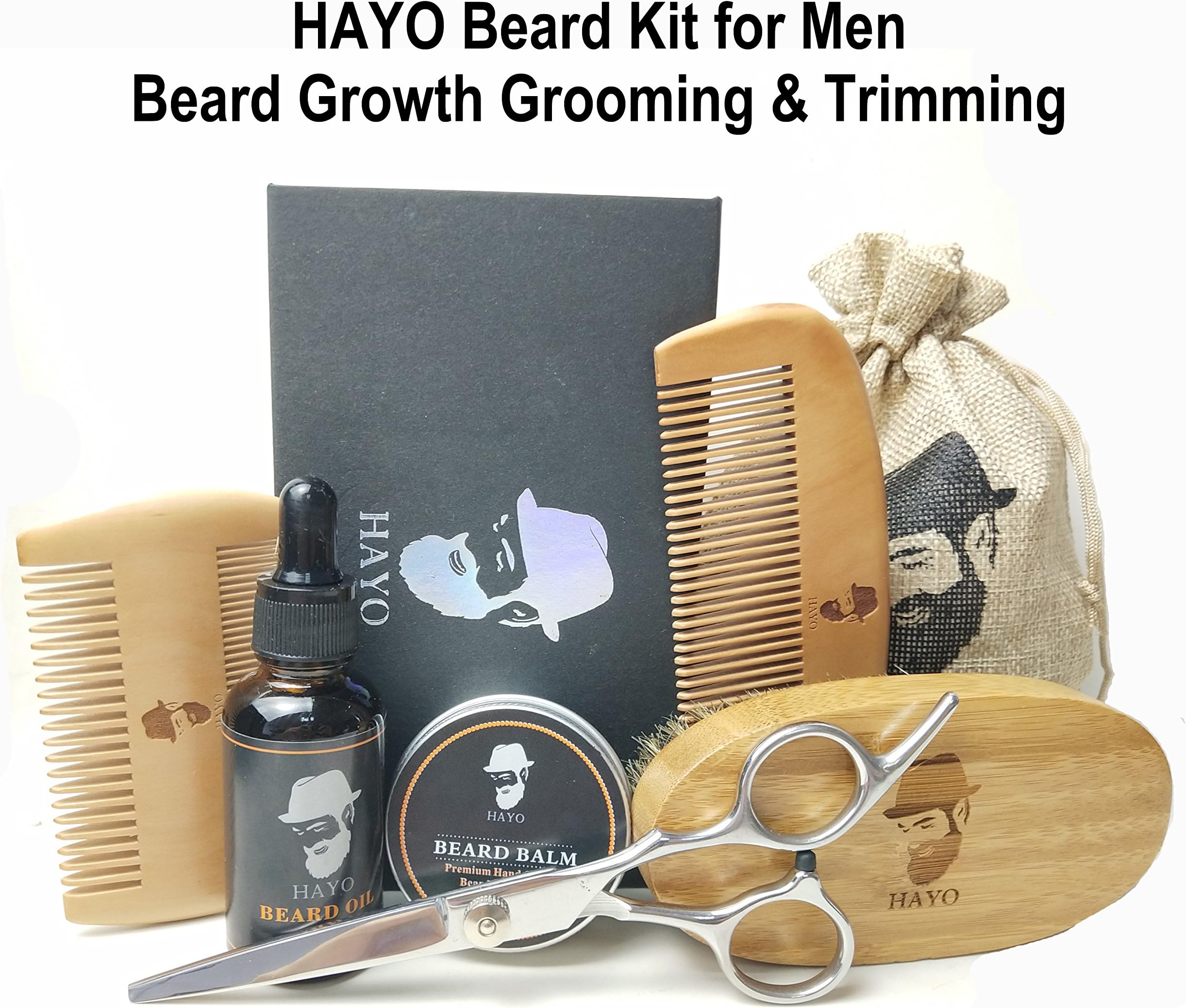 HAYO Beard Grooming & Trimming Kit for Men Care - Beard Brush, Beard Comb, Unscented Beard Oil, Conditioner, Mustache & Beard Balm Butter Wax, Barber Scissors for Styling