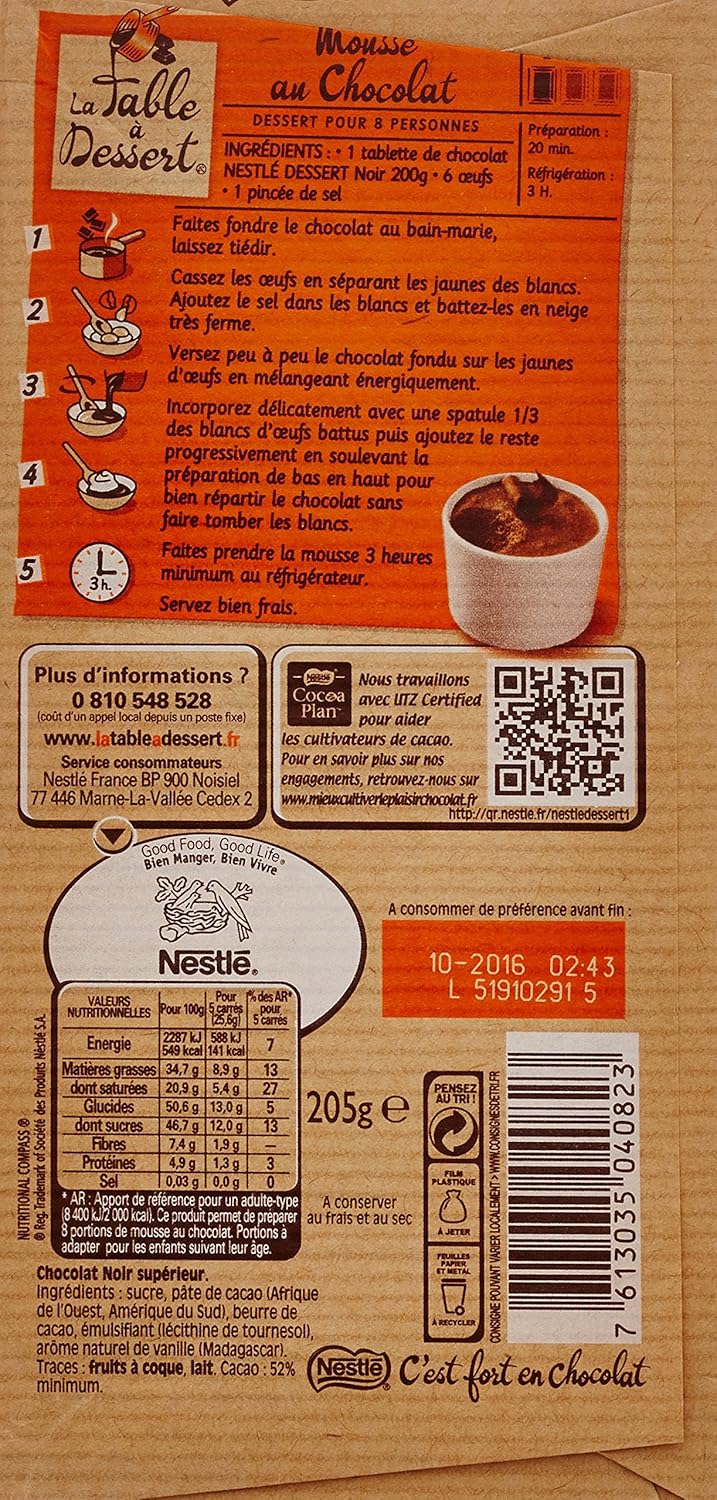 Nestle Chocolat Noir Dessert 2 Tablettes De 205g Lot De 4