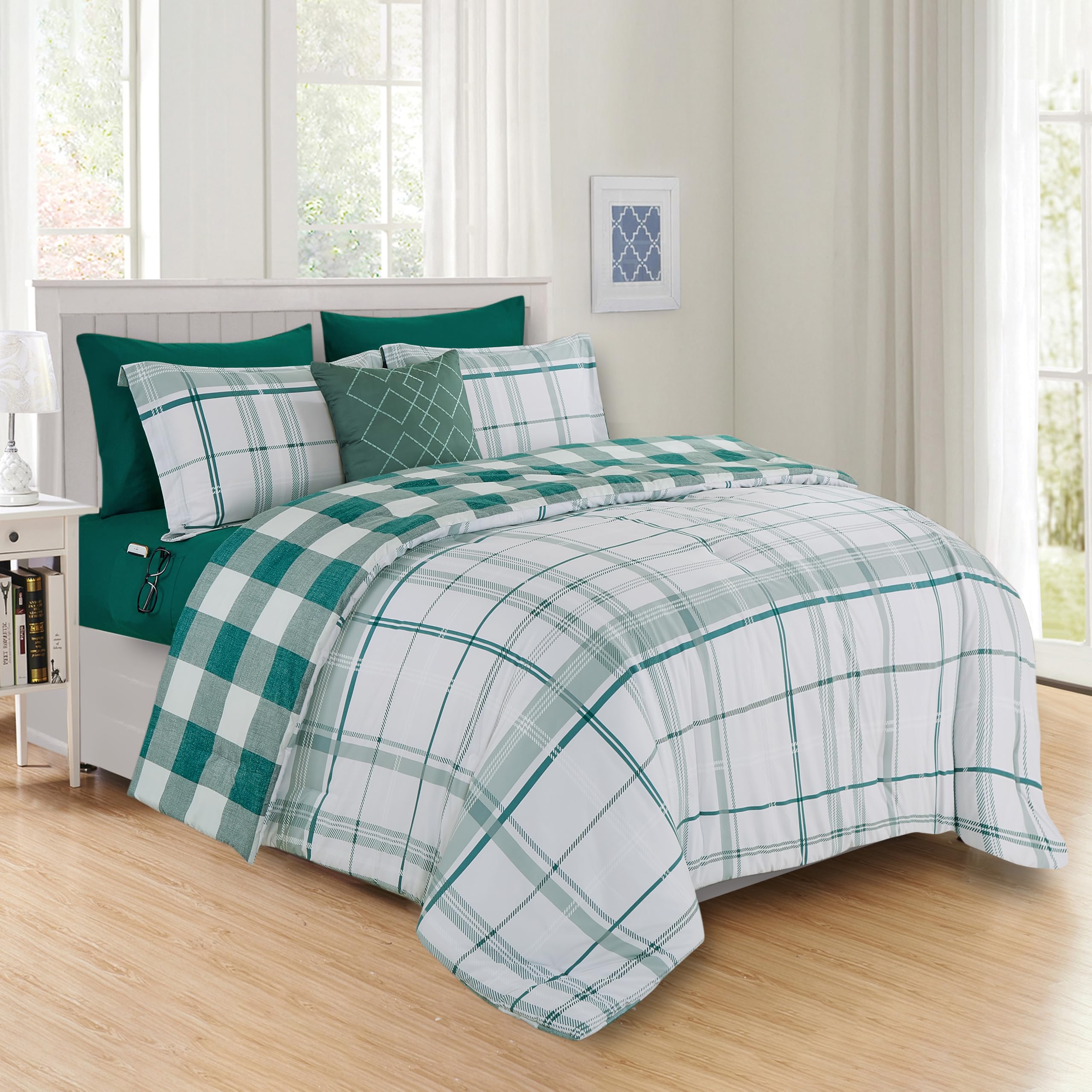 Elegant Comfort 8- Piece Lodge Plaid Reversible Comforter Set Bed-in-a-Bag Set - Silky Soft Complete Set Includes Bed Sheet Set with Double Sided Storage Pockets, Full/Queen, Sage Image