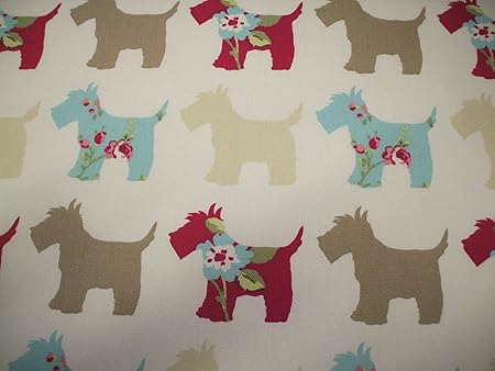 Scottie Dog In Taupe And Duckegg Cotton Curtain Fabric 140cm X 1
