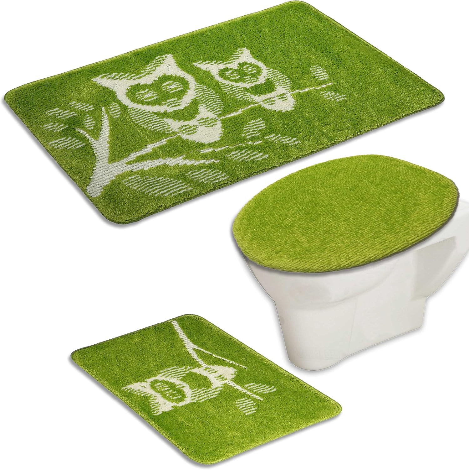 Large Owl 3 Piece Bathroom Set Bath Mat, Pedestal Mat, High Pile Bath