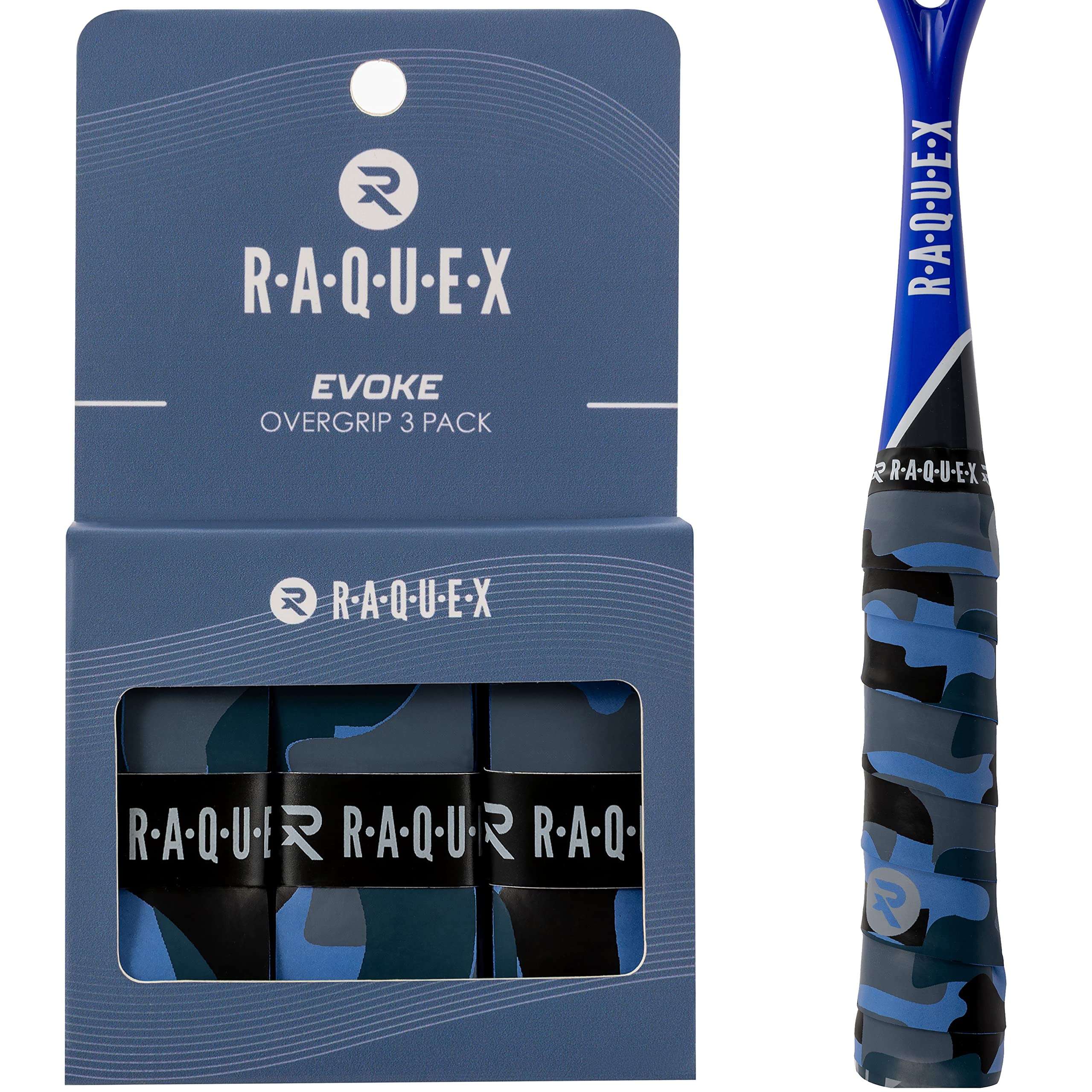 Raquex Evoke Overgrip Tape 3 Pack - Tennis Racket Grip Tapes (11 Designs) - Racquet Anti Slip Tape Overgrip for Tennis Rackets, Badminton, Squash, Padel. Finishing Tape Included