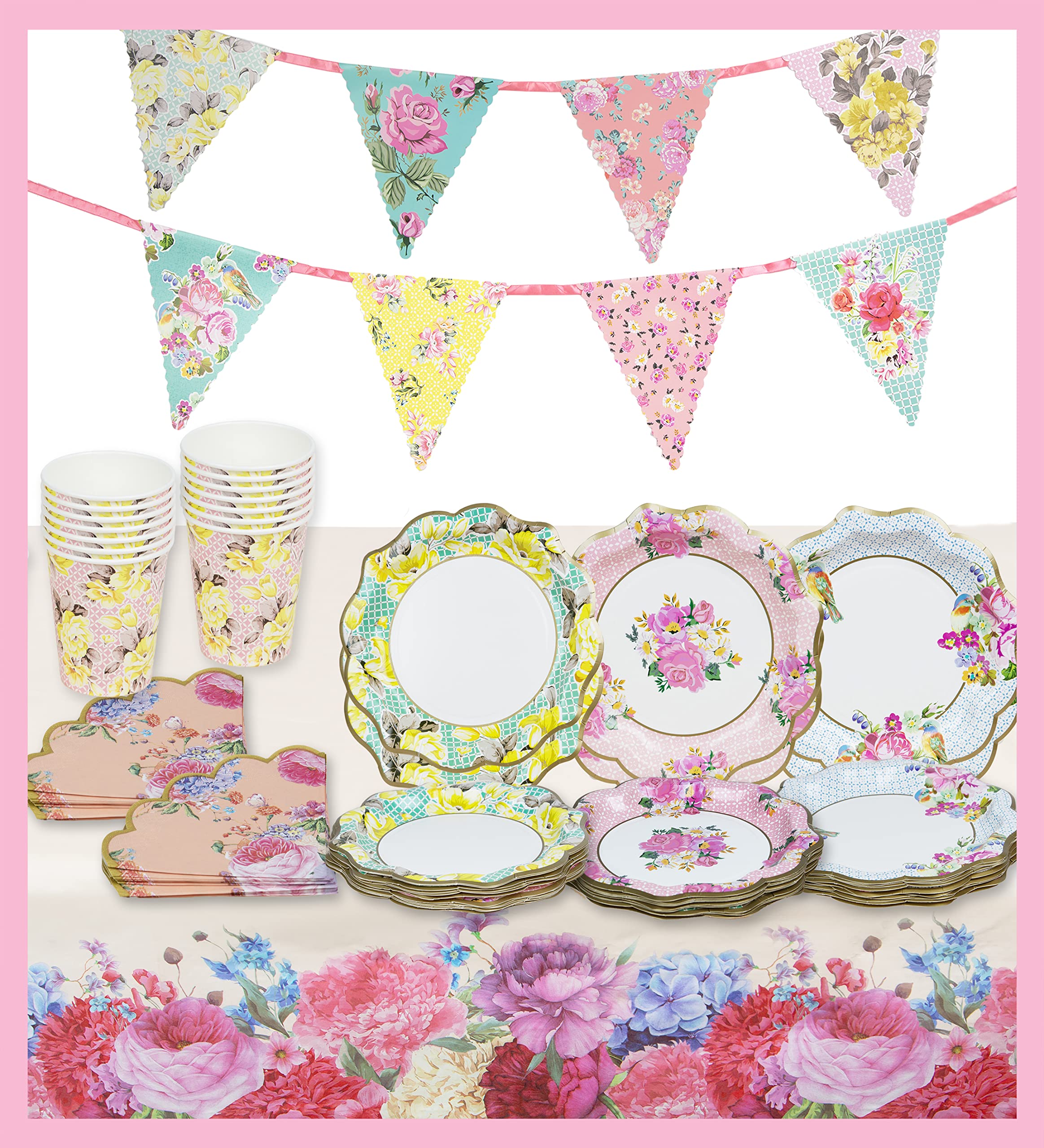 Talking Tables Afternoon Tea Party Decorations Pink Floral Tableware for 12 Guests | Paper Plates Napkins,Recyclable Cups, Bunting & Tablecloth | Birthday, Mother's Day, Hen Party, Baby Shower Wedding