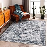 CHAMPLANT 3'x5' Dark Blue Vintage Washable Thin Area Rug Traditional Floor Cover Foldable Indoor Distressed Non Slip Carpet for Bedroom Living Room Bathroom