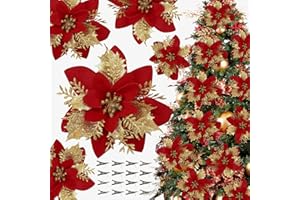 CHILDOM 16 PCS Poinsettia Flower Artificial Poinsettia Christmas Decorations Glitter Poinsettias Christmas Ornaments Christmas Tree Flower Decorations with Clips DIY Xmas Wreath Holiday Weed Home Party Decor