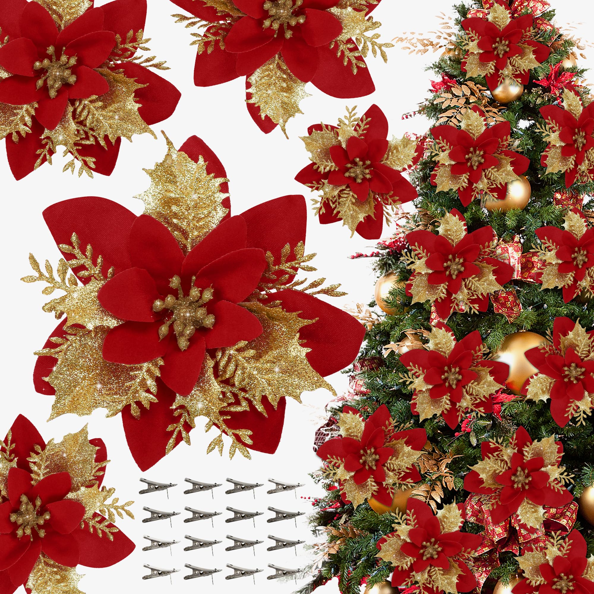 Photo 1 of 16 PCS Poinsettia Flower Artificial Poinsettia Christmas Decorations Glitter Poinsettias Christmas Ornaments Christmas Tree Flower Decorations with Clips DIY Xmas Wreath Holiday Weed Home Party Decor
