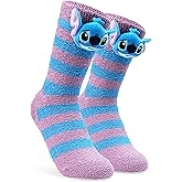 Disney Stitch 3D Slipper Socks for Women & Teens US Size 4-9, Fluffy Fleece, Cozy, Warm, Non Slip Bed Socks, Gifts for Women
