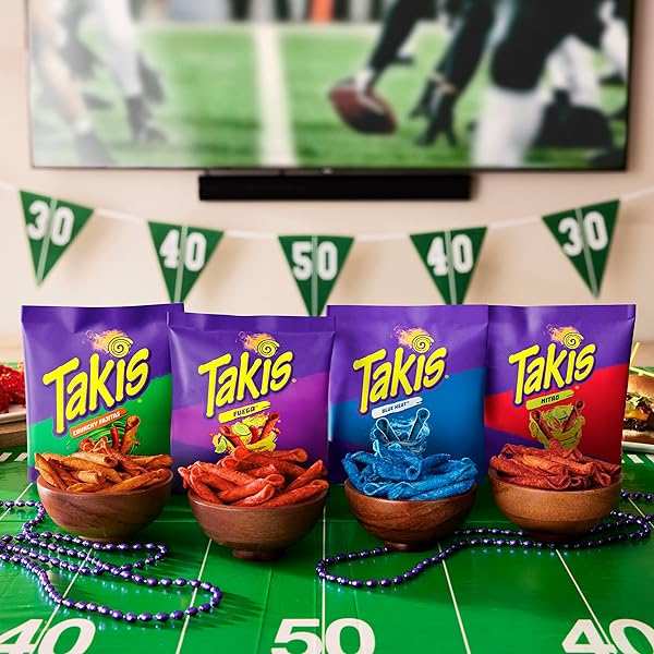 TAKIS 18 PC / 1 OZ VARIETY PACK, ASSORTED FLAVORED MIXED ROLLED TORTILLA CHIPS – (5) FUEGO, (5) BLUE HEAT, (4) NITRO, (4) CRUNCHY FAJITAS