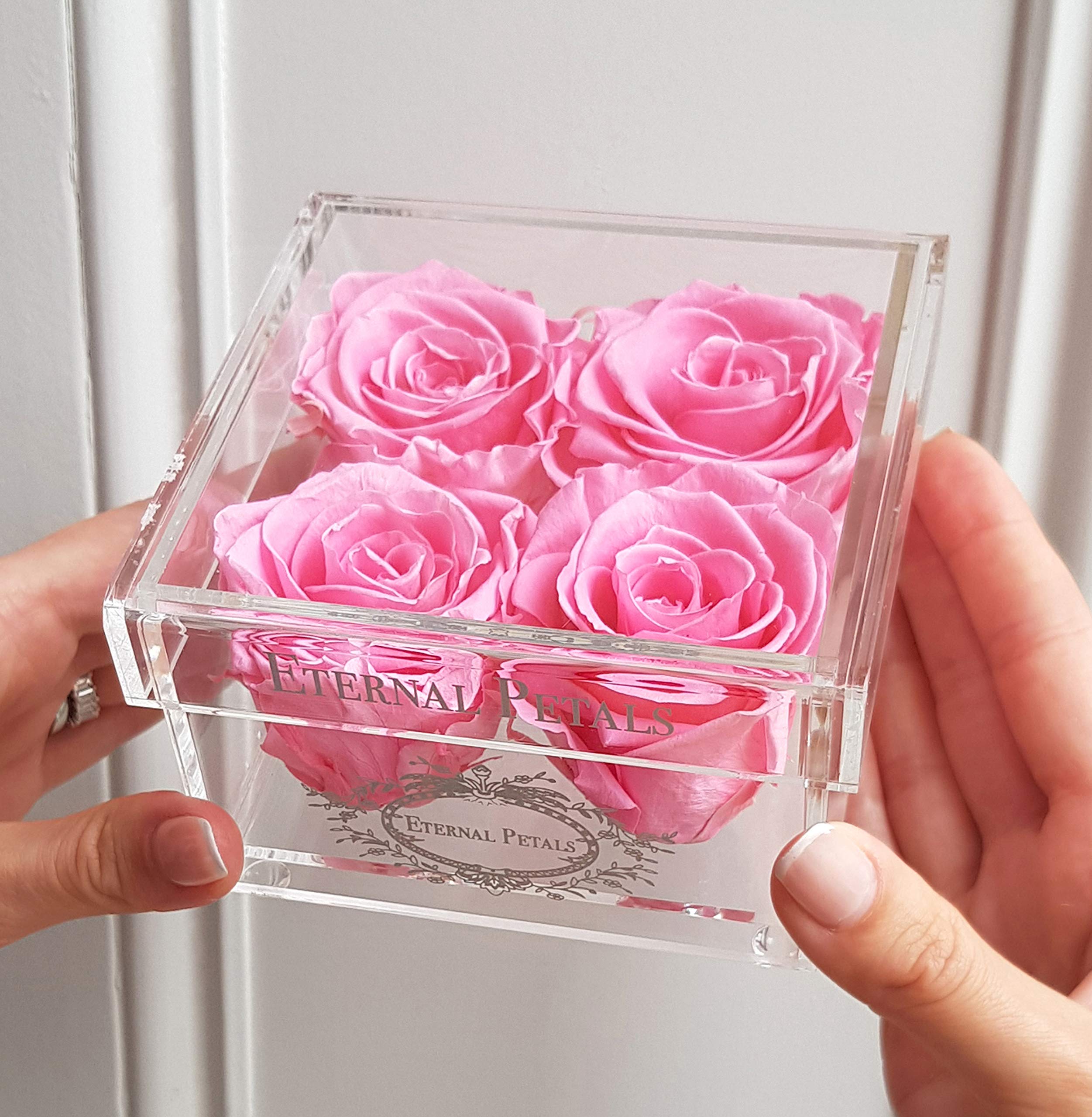 A 100% Real Roses That Last Years - Eternal Petals, Handmade in UK – Four Roses, White Gold Quartet (Pink)