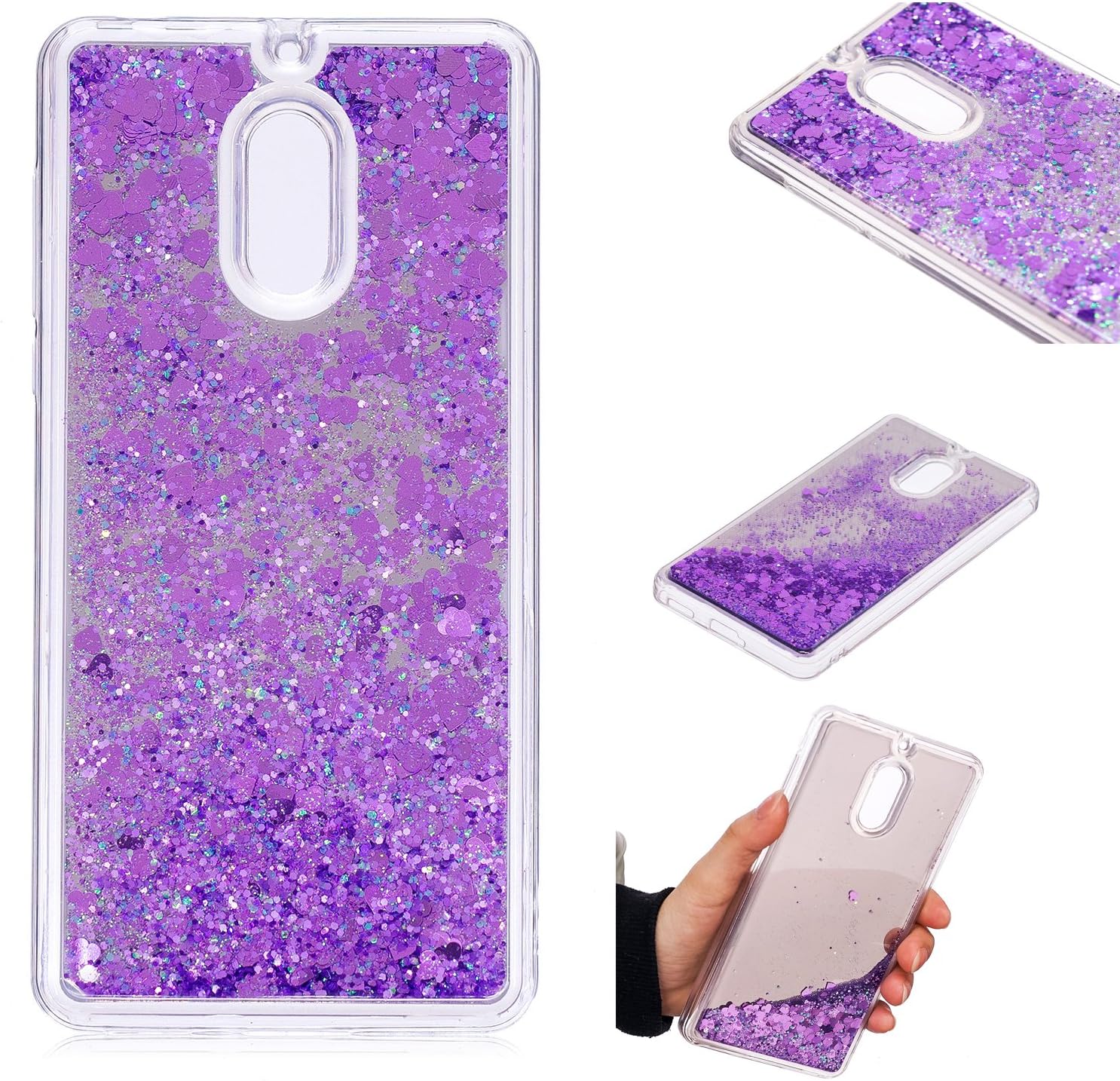 HereMore Nokia 6 Case Glitter, Mirror Cover Flowing Liquid Shiny Bling Sparkle Quicksand Case Shockproof TPU Silicone Bumper Hard Plastic Back Protective Cover for Nokia 6, Purple