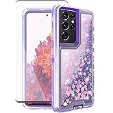 Asuwish Phone Case for Samsung Galaxy S21 Ultra 5G with Screen Protector Bling Liquid Glitter Clear Hybrid TPU SiliconeProtective Heavy Duty Cell Cover S21ultra 21S S 21 21ultra G5 Women Girls Purple