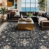 Black Farmhouse Washable 8x10 Area Rugs for Living Room, Bedroom, Dining Room Kitchen Table Rug for Under Table, Office, Dark Charcoal Tumble Stain Resistant Non-Slip Large Washable (8x10 Black/Multi)