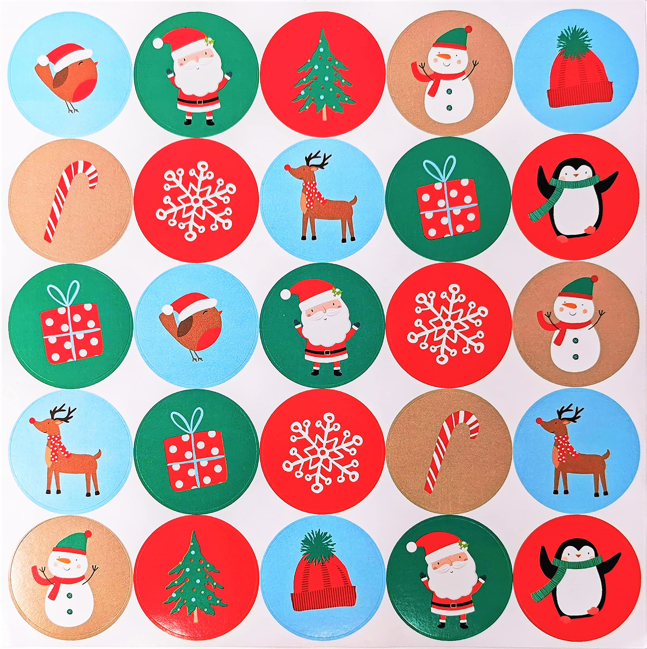 500 Christmas Stickers – 4cm Round Festive Labels | Cute Xmas Sticker Sheets for Gift Wrapping, Cards, Crafts, Envelopes, Packaging | 25 Stickers per Sheet – 20 Designs