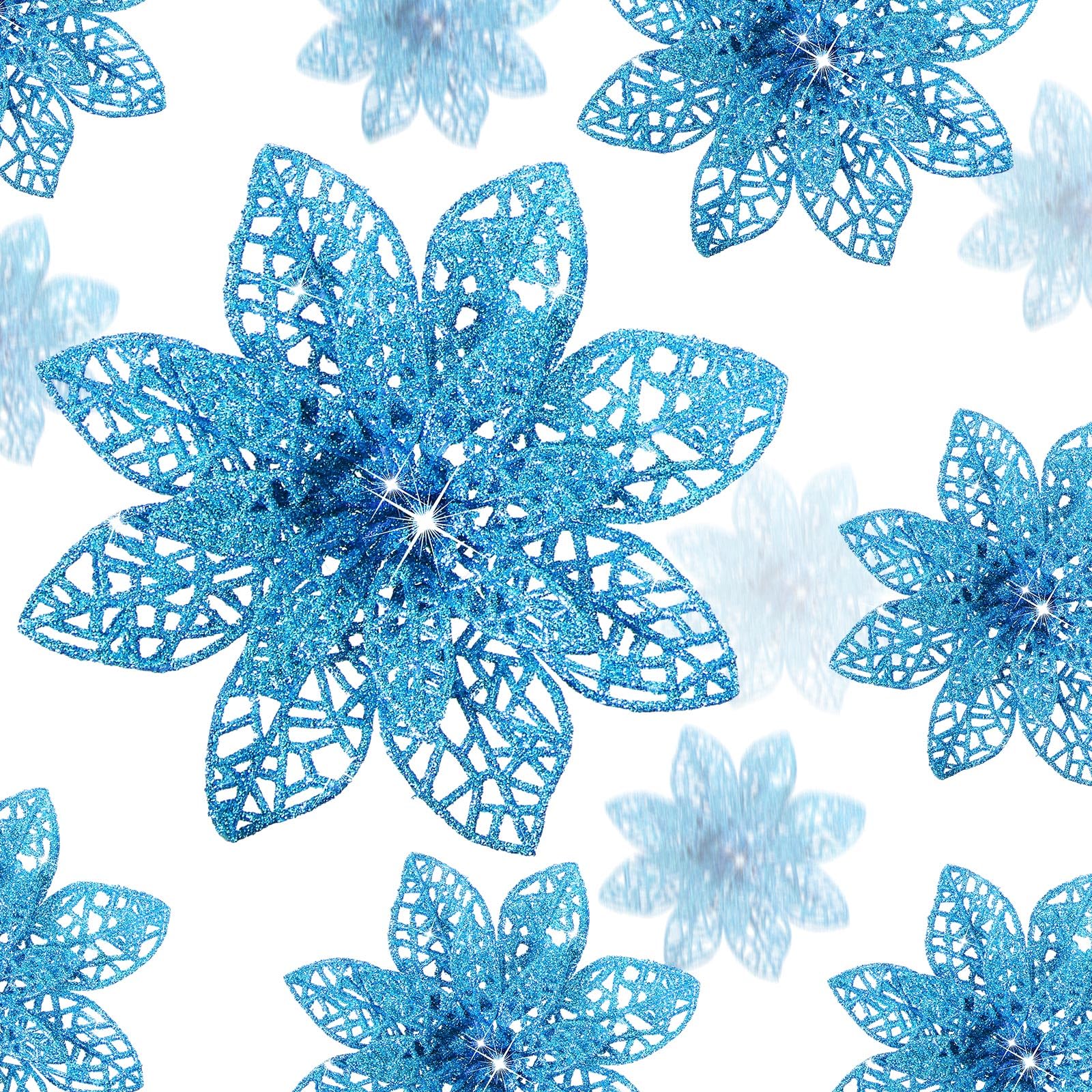 36 Pieces Christmas Glitter Poinsettia Flowers Wedding Glitter Flowers Christmas Tree New Year Ornaments (Lake Blue)