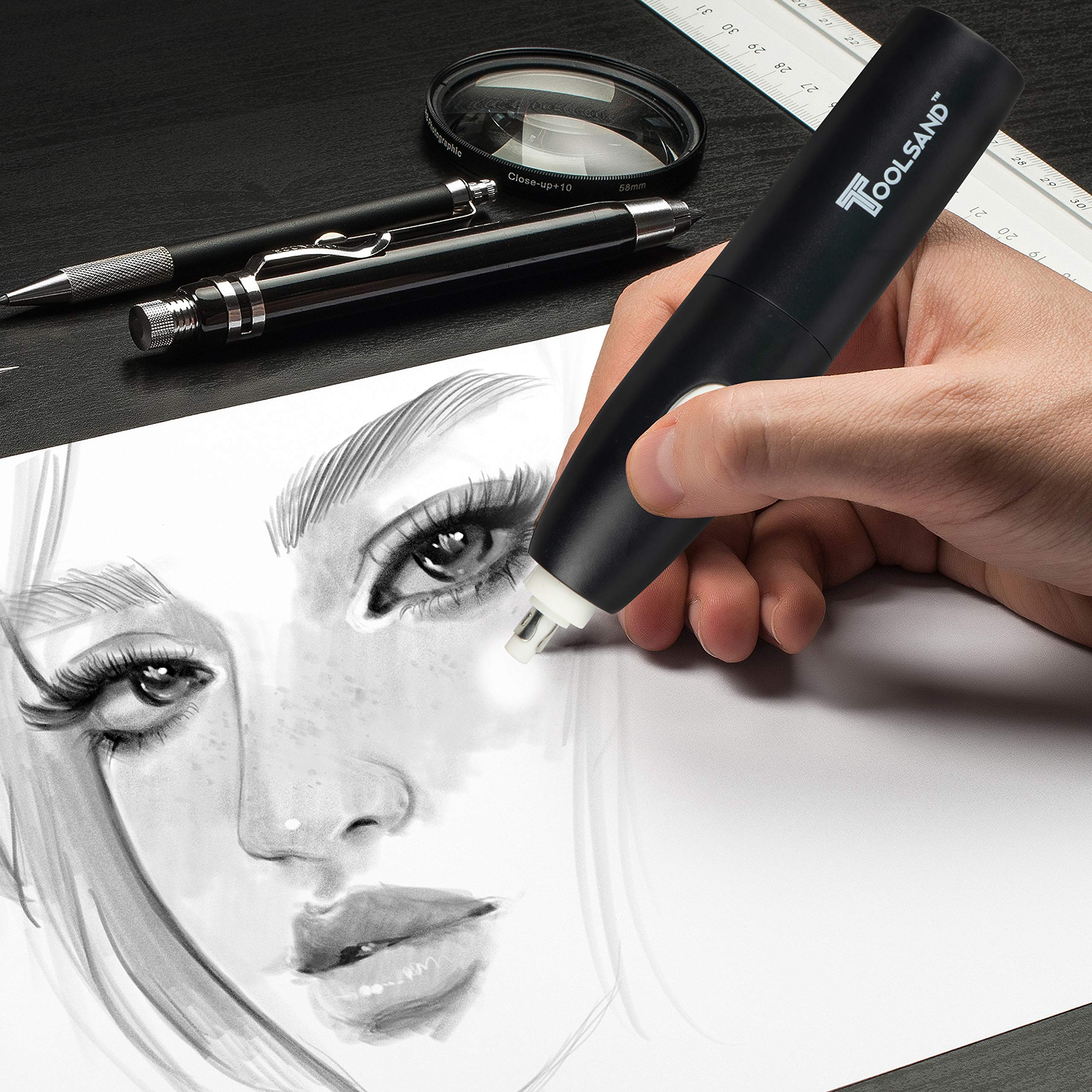 Electric Pencil Eraser Kit, Battery Operated, with Refills (Black)