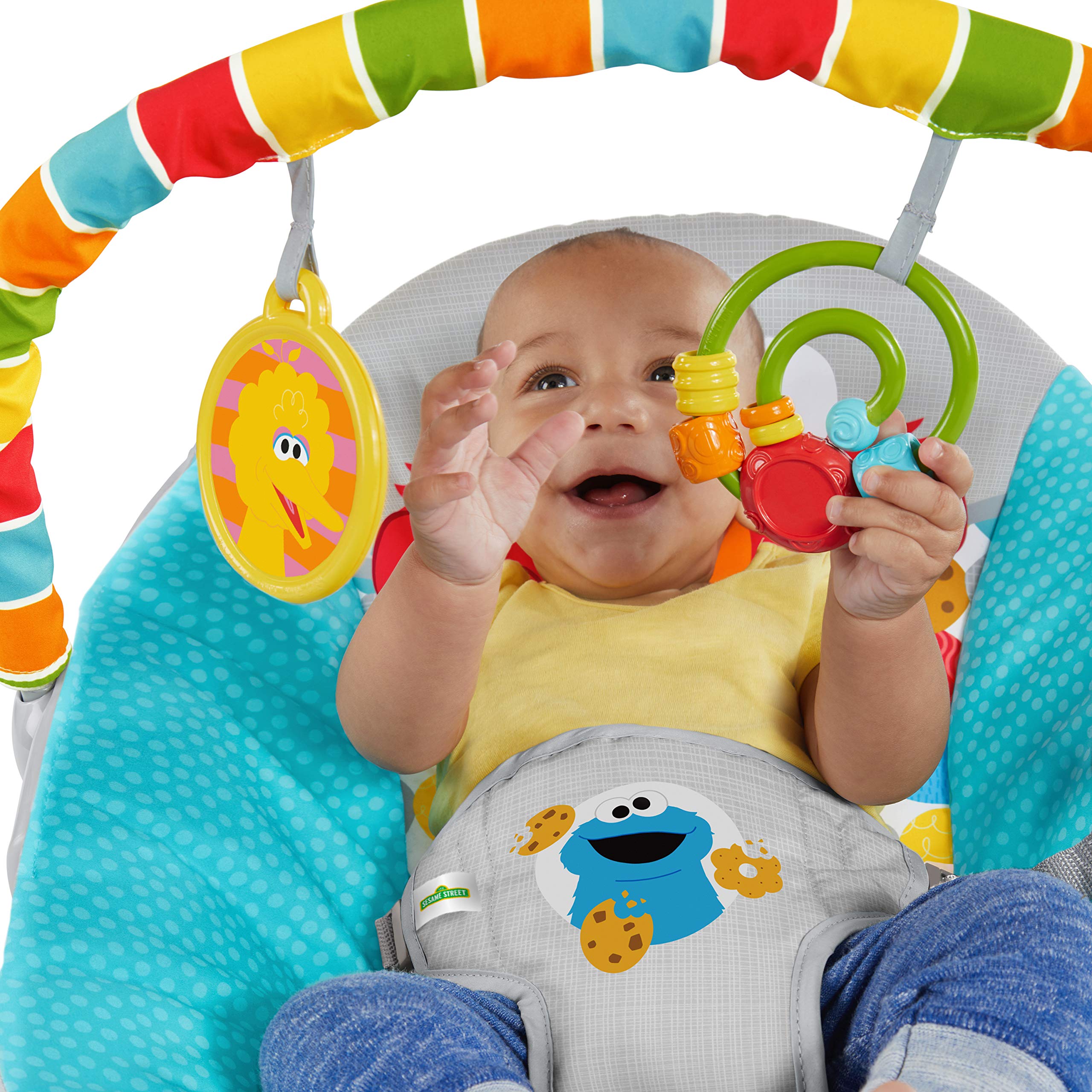Bright Starts Sesame Street Baby Bouncer Soothing Vibrations Infant Seat - I Spot Elmo! with Cookie Monster and Big Bird - Removable-Toy Bar, 0-6 Months Up to 20 lbs