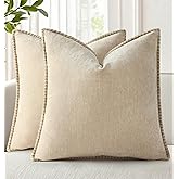 decorUhome Spring Chenille Soft Cozy Throw Pillow Covers 18x18 Set of 2, Modern Farmhouse Boho Velvet Decorative Pillow Cases with Stitched Edge for Couch Sofa Bed Home Decor, Beige