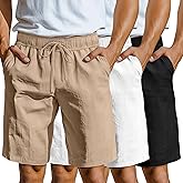 Neer 3 Pack Linen Shorts for Men Casual Beach Summer Lightweight Elastic Waist Drawstring with 3 Pockets