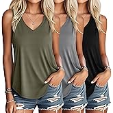 Riyiper 3 Pack Women's Waffle Knit Tank Tops, Loose Fit V Neck Sleeveless Casual Summer Curved Hem Basic Tees Flowy Shirts