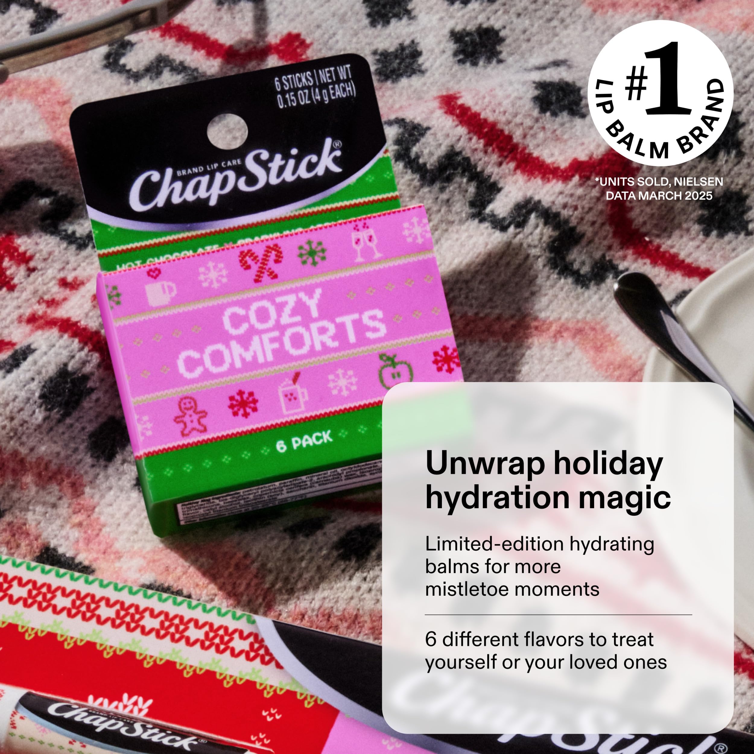 ChapStick Stocking Stuffers Cozy Comforts Lip Balm Holiday Gift Set, Moisturizing Daily Lip Care For Dry, Chapped Lips, Soothing Hydration, Limited Edition Cozy Flavors, 6 Pack Variety, 0.15 OZ EA