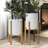 LuxenHome PSet of 2 White Planter with Gold Metal Stand | Indoor Plant Pots, Flower Pots with Drainage Holes, Large Plant Pot for Living Room Office Garden, 10.62" &amp; 11.81"