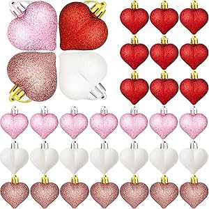 36 Pieces Glitter Heart Shaped Hanging Ornaments Colorful Heart Shaped Baubles Valentine's Day Heart Ornaments Christmas Tree Plastic Heart Baubles for Valentine's Day Wedding Anniversary Decor