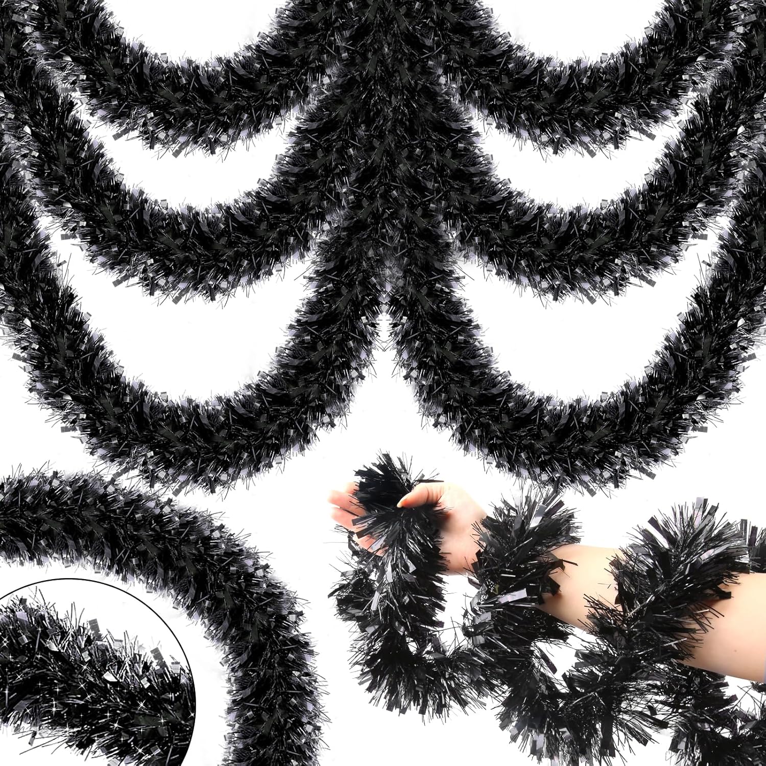 Wreaths, Garlands & Swags - 2 Pack Total 66 Ft Halloween Black Tinsel Garland Halloween Metallic Hanging Garland Decoration for Halloween Party Indoor Outdoor Home Decor