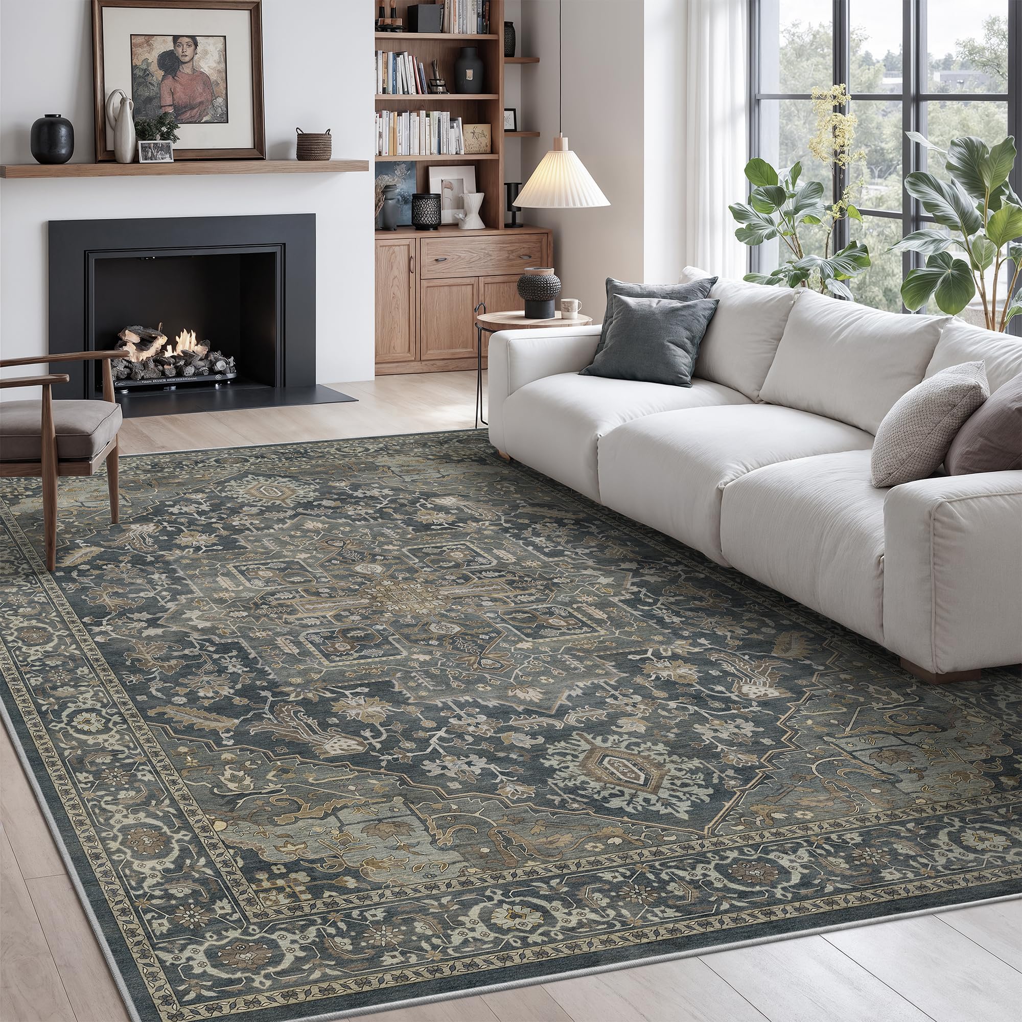 Photo 1 of Rugland 5x7 Area Rugs - Stain Resistant Washable Rug, Anti Slip Rugs for Living Room, Vintage Tribal Area Rugs(Medallion 01-Deep/Grey, 5'x7')