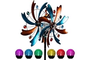 MAGGIFT Solar Wind Spinner, 56.3 Inch Outdoor Metal Stake Yard Spinners, Garden Wind Catcher Wind Mills, Solar Powered RGB Color Changing LED with Glass Ball, Lawn Yard Patio Decoration