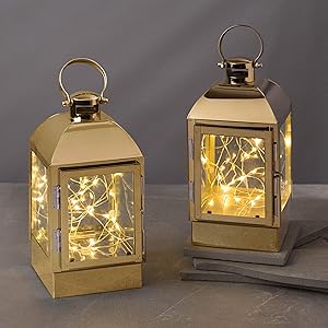 Decorative Lantern with Fairy Lights - Gold Metal, 8 Inch, Battery Operated, 30 Warm White LED Lights Inside, 6 Hour Timer, Spring Home Decor or Wedding Table, Batteries Included - 2 Pack